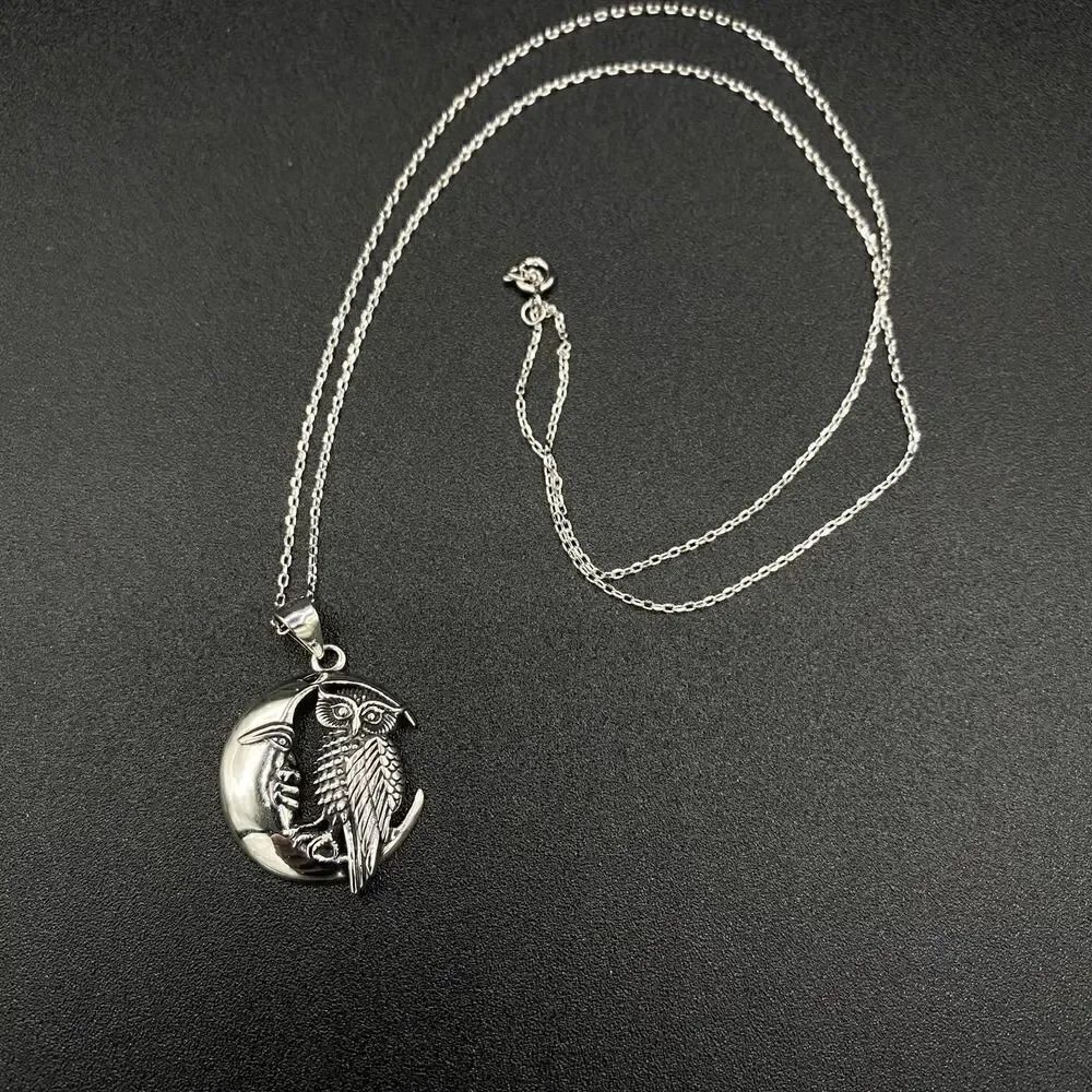 Owl And Moon Sterling Silver Pendant Necklace